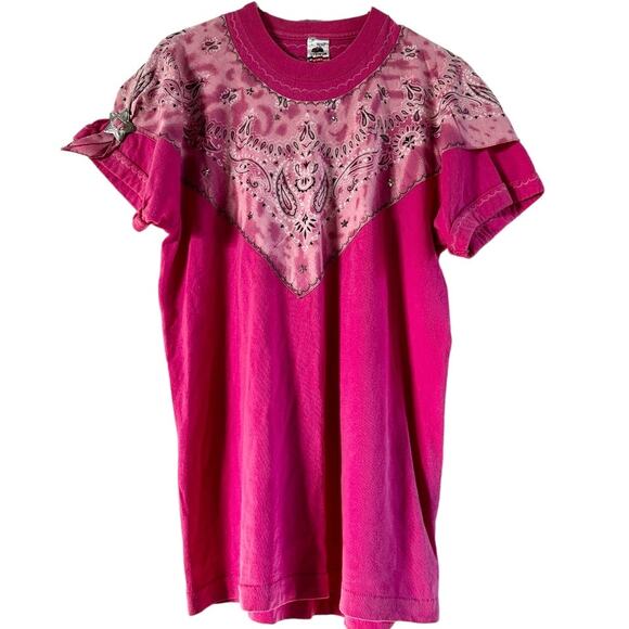 VTG Fruit of the Loom Paisley Bandana T Shirt Western Dolly Parton Cotton Pink L - Picture 1 of 6